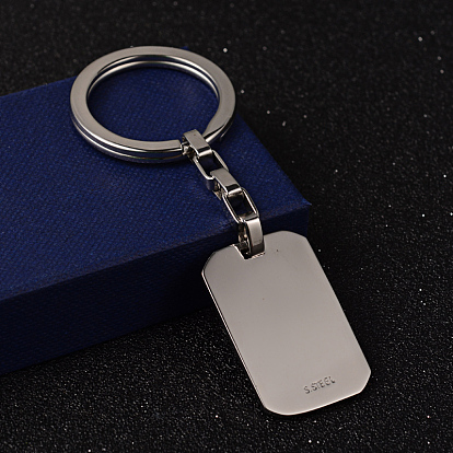 Rectangle 304 Stainless Steel Keychain, with Word S.Steel, Smooth Surface, 90mm