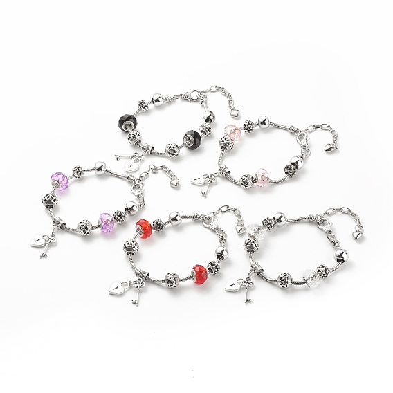 Alliage coeur cadenas et clé squelette bracelet européen avec chaînes de serpent, bracelet en perles de plastique et d'acrylique pour femme