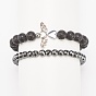 2Pcs 2 Style Natural Lava Rock & Synthetic Hematite Stretch Bracelets Set with Alloy Wings, Essential Oil Gemstone Jewelry for Women