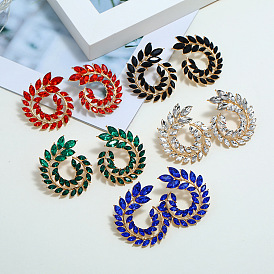 Rhinestone Olive Leaf Stud Earrings, Gold Plated Alloy Jewelry for Women