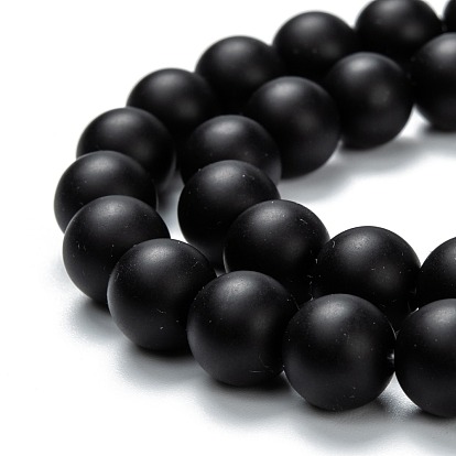 Brins de perles d'onyx noir naturel, teints et chauffée, givré, ronde