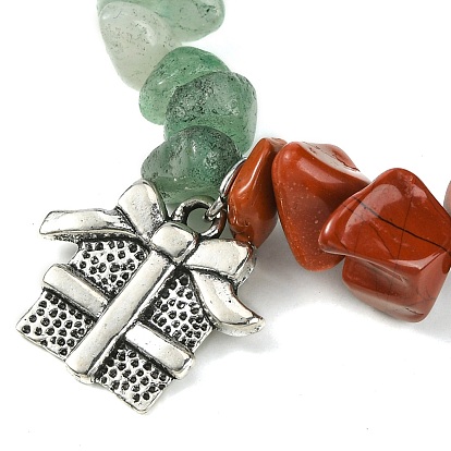 Bracelet extensible en perles de jaspe rouge naturel, aventurine verte et éclats de verre, bracelet à thème de Noël à breloques en alliage