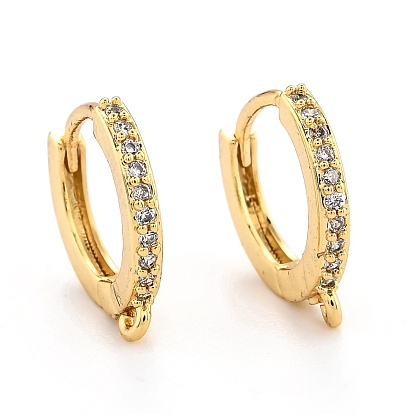 Brass Micro Pave Clear Cubic Zirconia Huggie Hoop Earring Findings, Long-Lasting Plated, Flat Round