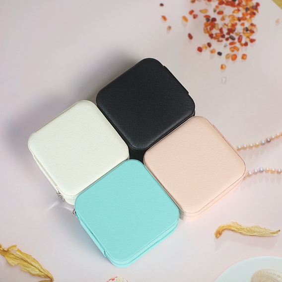 PU Leather Jewelry Box, Travel Portable Jewelry Case, Zipper Storage Boxes, for Necklaces, Rings, Earrings and Pendants, Square