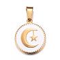 304 Stainless Steel Enamel Pendants, Flat Round with Moon and Star, Golden