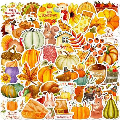 50pcs autocollants en vinyle de dessin animé du jour de Thanksgiving, Autocollants imperméables de feuille de citrouille de dinde pour le scrapbooking de bricolage, artisanat d'art