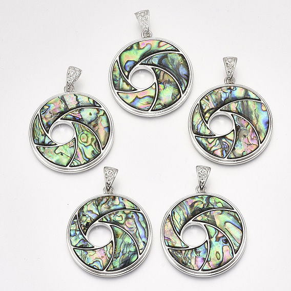 Shell Pendants, with Alloy Findings and Resin Bottom, Flat Round with Vortex, Platinum