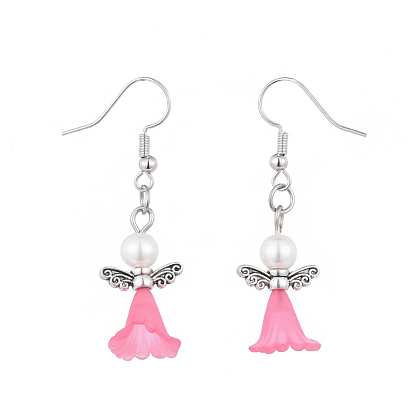 Angel Dangle Earrings, with Alloy Beads, Acrylic Beads, Glass Pearl Beads and Brass Earring Hooks