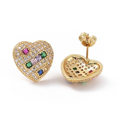 Colorful Cubic Zirconia Heart Stud Earring, Brass Jewelry for Women