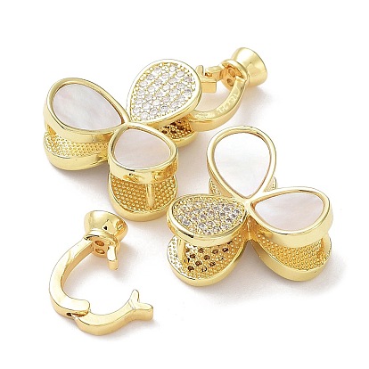 Rack Plating Brass Micro Pave Clear Cubic Zirconia Fold Over Clover Clasps, with Natural Shell, Cadmium Free & Lead Free, Long-Lasting Plated