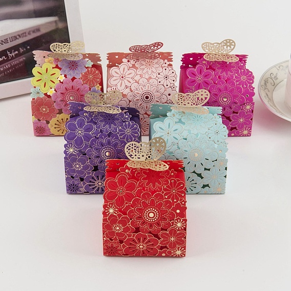 Boîte-cadeau en papier floral creux, boîte d'emballage de bonbons papillon fleur, rectangle