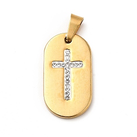 Polymer Clay Rhinestone Pendant, with Vacuum Plating 201 Stainless Steel, Oval with Cross