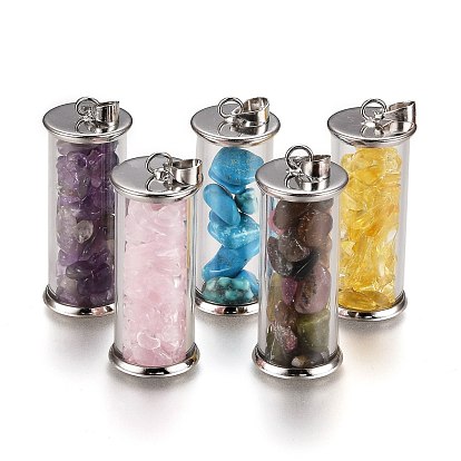 Alloy & Glass Wish Bottle Pendants, with Gemstone Chips, Platinum, Column