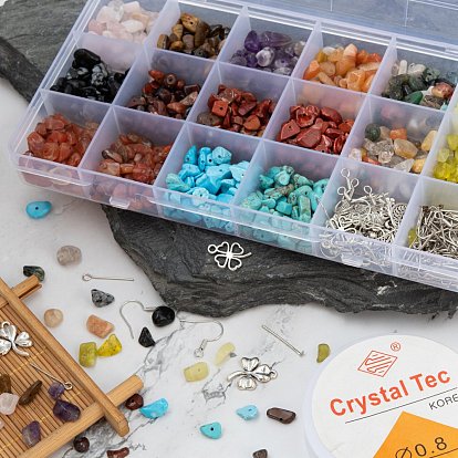 DIY Mixed Stone Chip Beads Jewelry Set Making Kit, Including Natural & Synthetic Mixed Stone Chip Beads, Alloy Pendant & Bead, Brass Earring Hook & Jump Ring, Copper Wire, Iron Pin, Crystal Thread