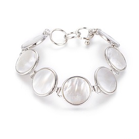 Bracelets en perles de coquillage, avec les accessoires en laiton et fermoirs T, plat rond