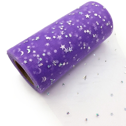 Sparkle Polyester Tulle Fabric Rolls, Mesh Ribbon Spool with Silver Tone Star & Moon & Sun Sequins, for Wedding and Decoration