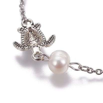 Stainless Steel Link Anklets, with Pearl Beads, Natural Aquamarine Beads and Alloy Findings, Sea Turtle