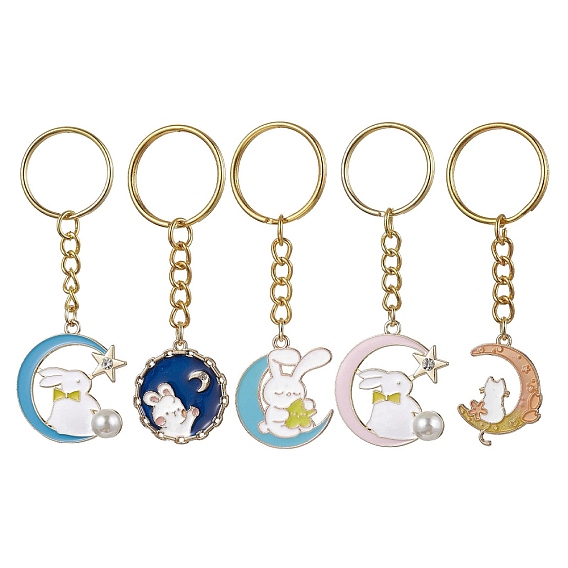 Porte-clés pendentif lune/plat rond avec lapin en alliage émaillé, avec porte-clés fendus