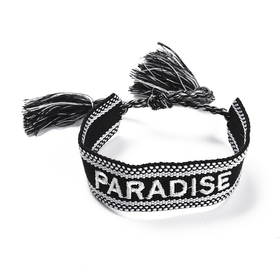 Word Paradise Polycotton(Polyester Cotton) Braided Bracelet with Tassel Charm, Flat Adjustable Wide Wristband for Couple