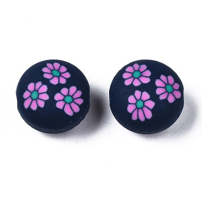 Handmade Polymer Clay Beads, for DIY Jewelry Crafts Supplies, Flat Round with Flower
