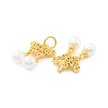 Colgantes de perlas de imitación de plástico abs, con circonitas cúbicas y fornituras de latón y anillas, sin plomo y cadmio, mariposa con ronda