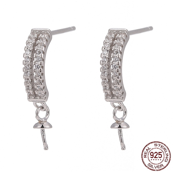 925 Sterling Silver Micro Pave Cubic Zirconia Stud Earring Findings, For Half Drilled Beads