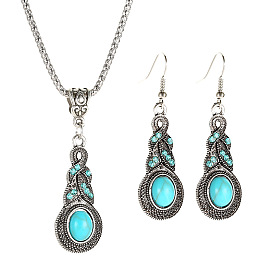 Bohemian Style Blue Crystal and Turquoise Inlaid Retro Suit Earrings