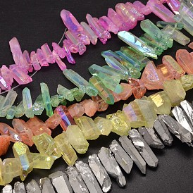 Electroplated Natural Quartz Crystal Beads Strands, Nuggets, Tusk Shape, AB Color, Dyed, 7~15x18~60mm, Hole: 1mm, about 46pcs/strand, 16 inch