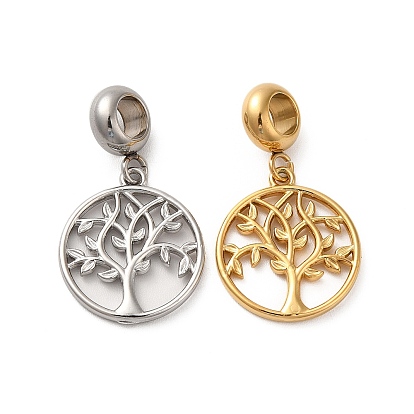 304 Stainless Steel European Dangle Charms, Large Hole Pendants, Flat Round with Tree of Life Pattern