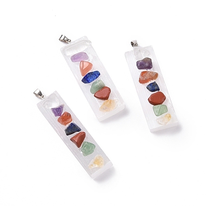 Natural Selenite Rectangle Big Pendants, 7 Chakra Gems Chips Charms with Rack Plating Platinum Tone Brass Snap on Bails