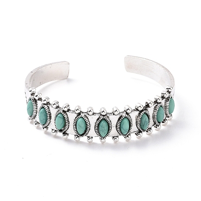 Bracelet manchette ouvert perlé oeil de cheval turquoise synthétique, bijoux en alliage rétro pour femmes