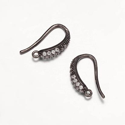 Brass Micro Pave Cubic Zirconia Earring Hooks, Ear Wire, with Horizontal Loop, 18x10x4mm, Hole: 1mm, 18 Gauge, Pin: 1mm