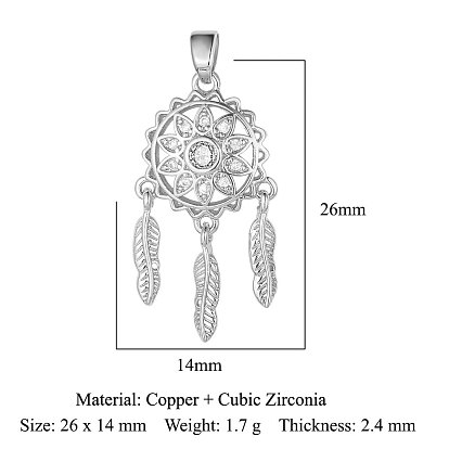 Brass Micro Pave Cubic Zirconia Pendants, Woven Net/Web with Feather Charms