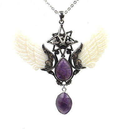 Stone Angel Wing Big Pendants, Star Charms with Shell Wing, Antique Silver