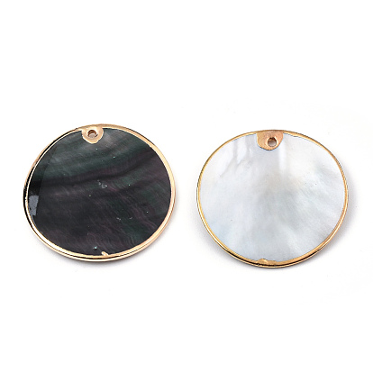 Natural Black Lip Shell Pendants, with Brass Edge, Flat Round