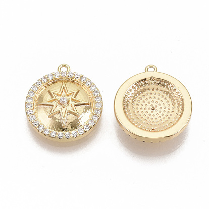 Brass Micro Pave Cubic Zirconia Pendants, Nickel Free, Real 18K Gold Plated, Flat Round and Star