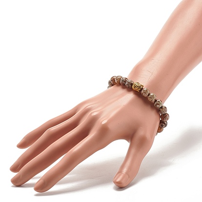 Natural DZi Agate Stretch Bracelet with Buddha Head, Gemstone Mala Beads Protection Bracelet for Women
