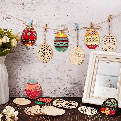 40Pcs 8 Style DIY Egg Shape Handmade Hollow Out Graffiti Wood, with 1 Bag Watercolor Pen, Easter Theme Pendant Decorations