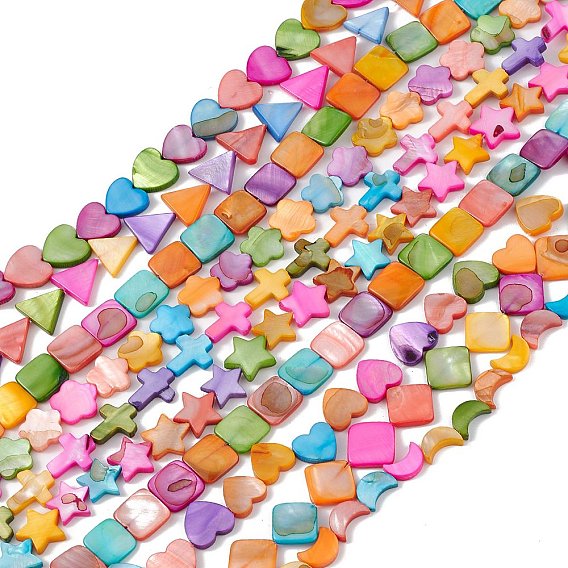 10 brins de perles de coquillages d'eau douce naturelles colorées, teint, croix et losange et coeur, formes mixtes