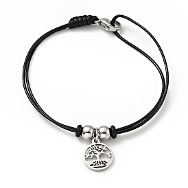 304 Stainless Steel Tree of Life Charm Bracelet with Waxed Cord for Women