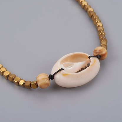 Cheville en nylon tressé réglable, avec cauris et bois, galvanoplastie perles d'hématite non-magnétiques