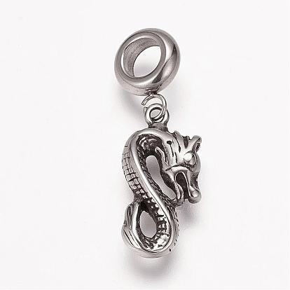 304 Stainless Steel European Dangle Charms, Large Hole Pendants, Antique Silver, Chinese Zodiac