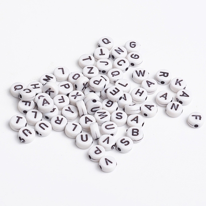 Perles de lettre de trou horizontal acrylique, opaque, plat rond, 7mm