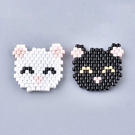 Handmade Seed Beads Pendants, with Elastic Thread, Loom Pattern, Cat Shape