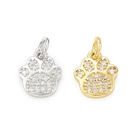 Rack Plating Brass Micro Pave Clear Cubic Zirconia Charms, with Jump Ring, Cadmium Free & Lead Free, Long-Lasting Plated, Dog Paw Print Charm