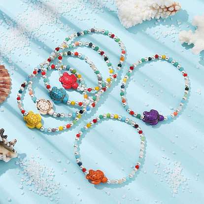 Эластичные браслеты из синтетической бирюзы с морской черепахой и стеклянными бусинами