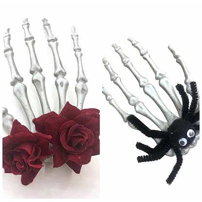 Manos de esqueleto de Halloween con pinzas de pelo de cocodrilo de plástico de araña/rosa, para la decoración de la mascarada de la barra