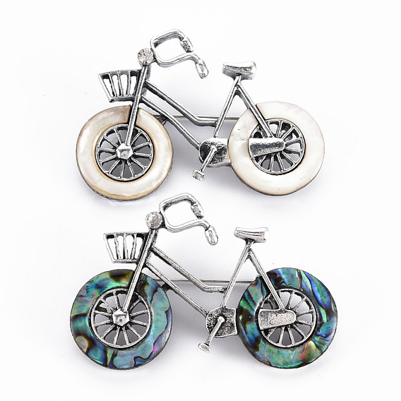 Bicycle Shape Natural Shell Brooch Pin, Alloy with Rhinestone Lapel Pin for Backpack Clothing, Lead Free & Cadmium Free, Antique Silver