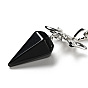 Gemstone Hexagonal Pointed Dowsing Pendulums, with Platinum Tone Brass Findings and Chains, Cadmium Free & Lead Free, Cone with Triple Moon, Faceted