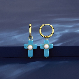 Синтетические бирюзовые серьги-кольца с крестом, серьги из титановой стали для женщин